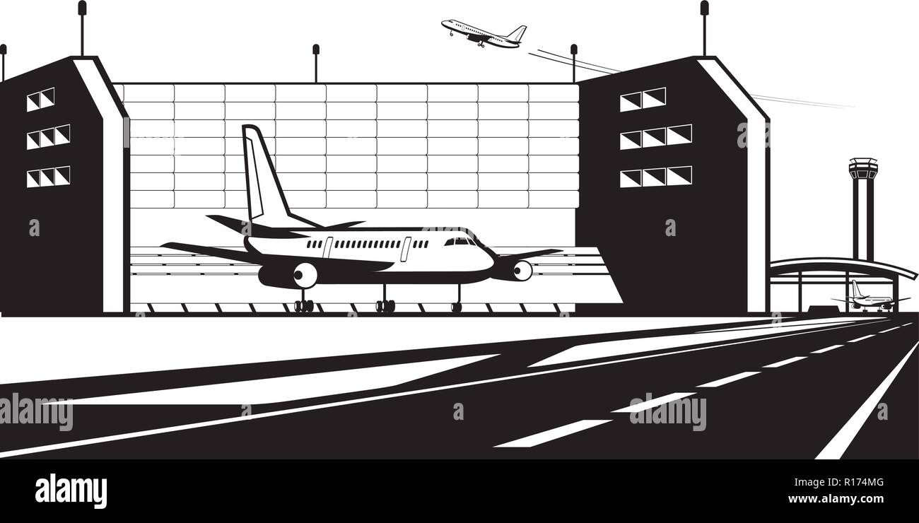 Motore aeronautico banco di prova all'aeroporto - illustrazione vettoriale Illustrazione Vettoriale