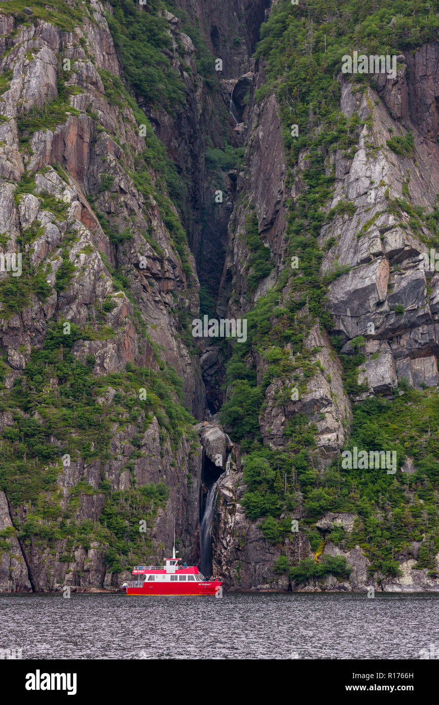 ROCKY Harbour, Terranova, CANADA - Tour in barca sul Western Brook laghetto, nel Parco Nazionale Gros Morne. Foto Stock
