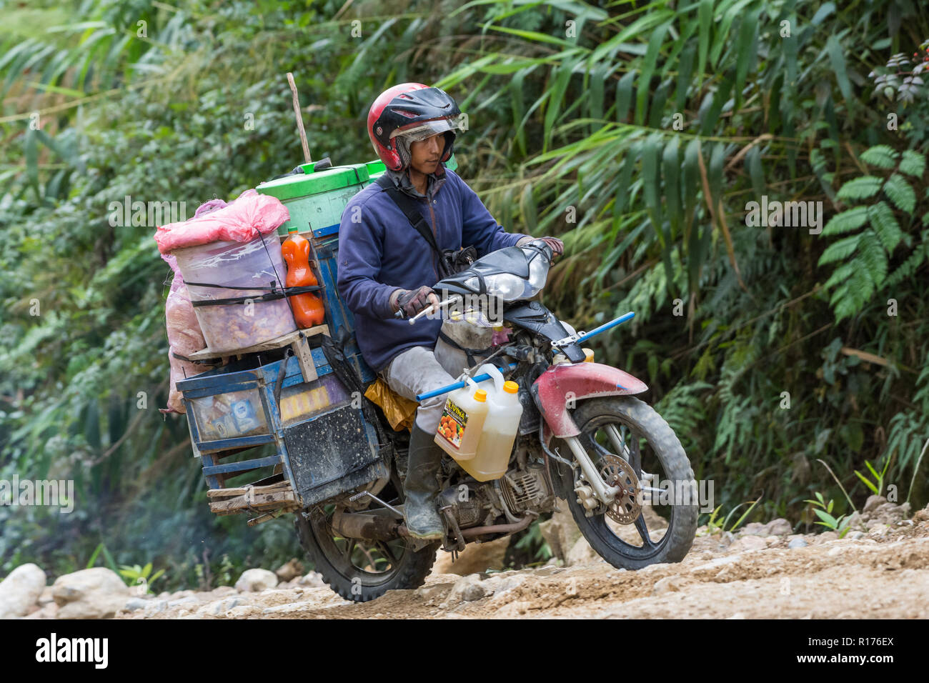 Merci di tutti i tipi vengono trasportati in moto in area rurale. Arfak montagna, Papua occidentale, in Indonesia. Foto Stock