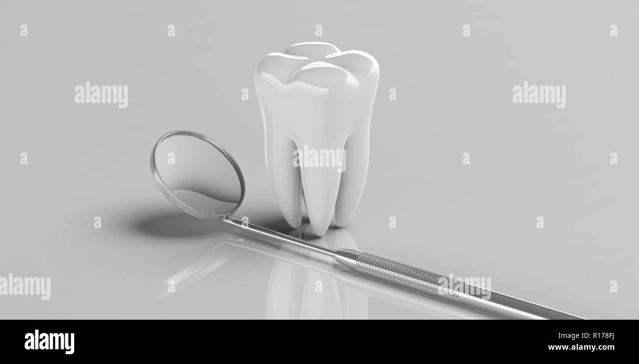 La salute dei denti, dentristy concetto. Dentista a specchio e un modello di denti su sfondo grigio, copia dello spazio. 3d illustrazione Foto Stock