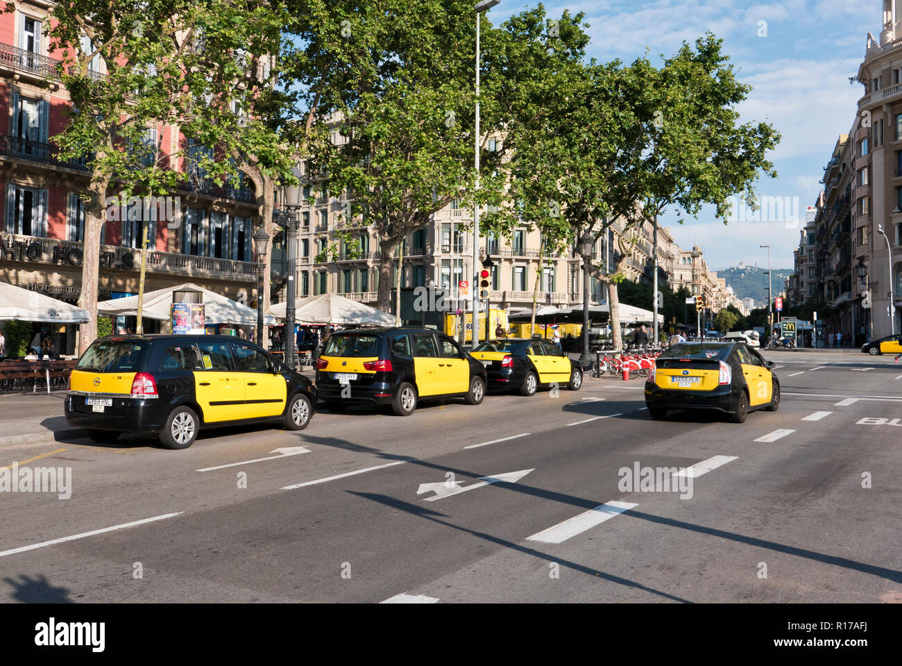 I taxi parcheggiati in Taxi di Barcellona, Spagna Foto Stock