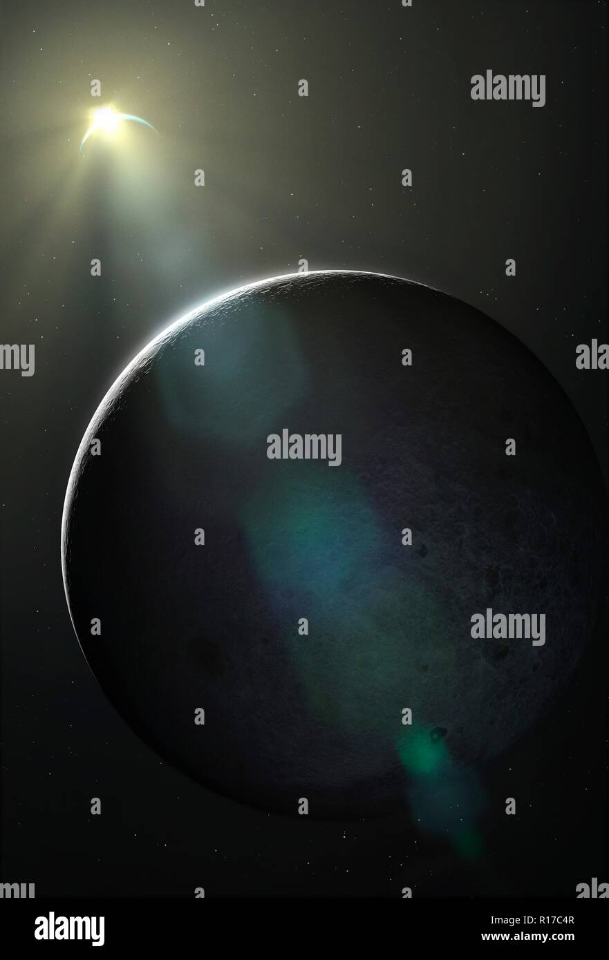 Illustrazione del sistema Earth-Moon, visto da un punto di vista vantaggioso al di sopra della Luna di lato lontano. Questo lato della Luna non è mai visto dalla Terra a causa di una rotazione sincrona. Questo significa che la Luna ruota sul suo asse una volta al mese, esattamente come il suo periodo di rivoluzione intorno alla terra. Foto Stock
