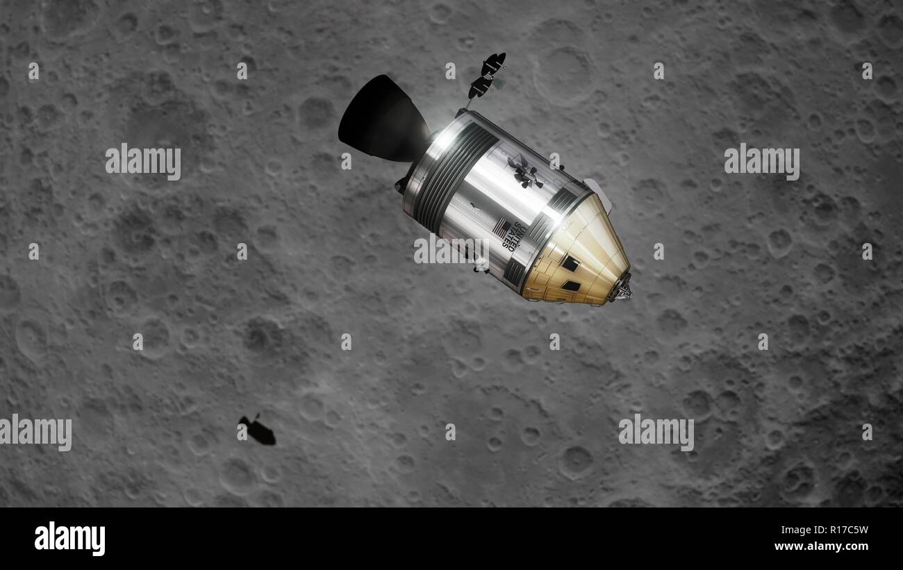 Navetta Apollo. Illustrazione del comando di Apollo/Service Module (CSM) in orbita lunare, getta un' ombra sulla superficie della luna. Ogni missione Apollo Foto Stock