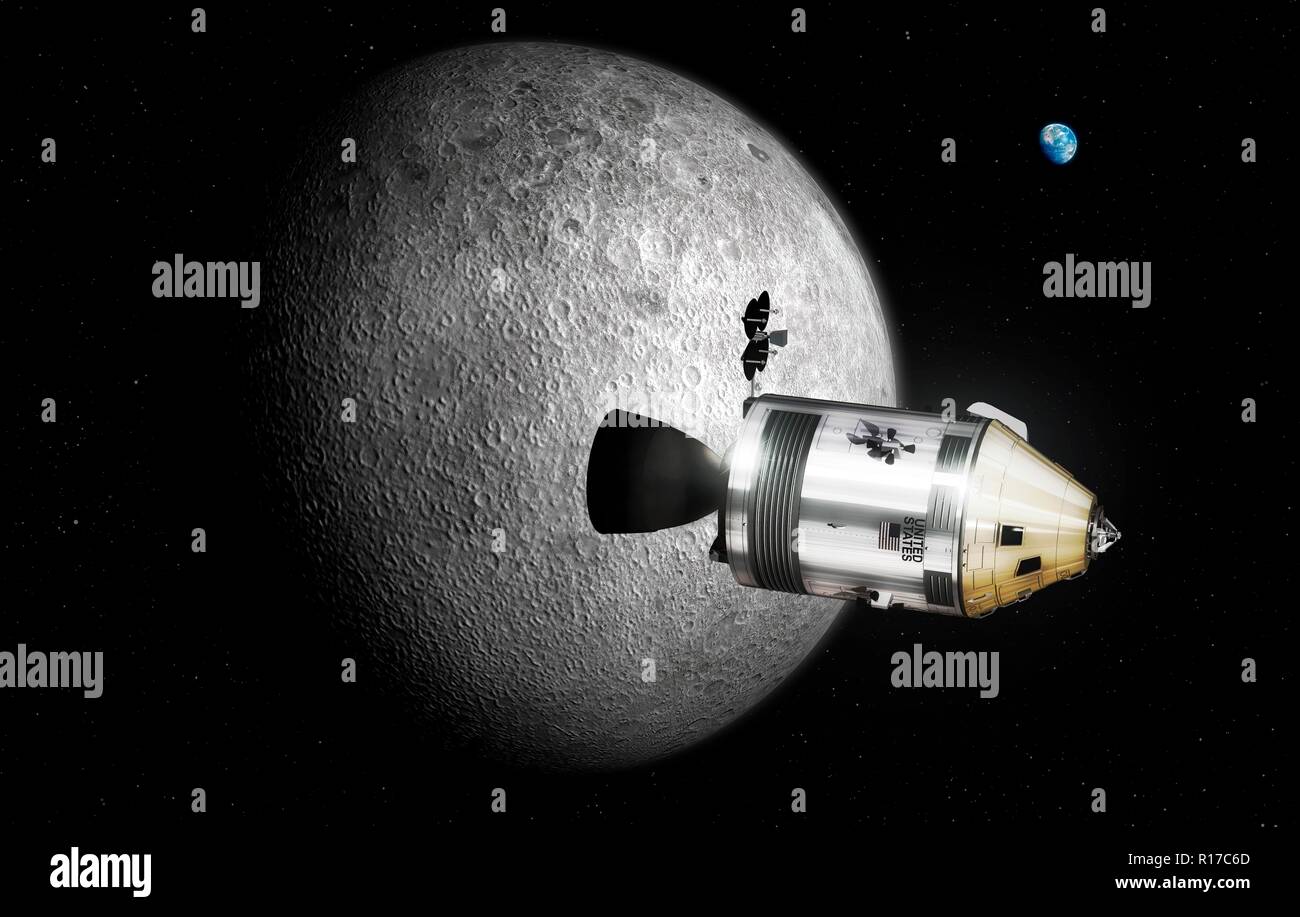 Navetta Apollo. Illustrazione del comando di Apollo/Service Module (CSM) in orbita lunare. Ogni missione Apollo era con equipaggio tre astronauti, seduta in il modulo di comando (CM, oro conica nella parte anteriore del CSM). Il servizio cilindrico di sezione Modulo conteneva strumenti scientifici, i sistemi di propulsione, celle a combustibile e sistemi di sostegno della vita. Una volta che la luna, due astronauti utilizzato il modulo lunare a scendere sulla luna e ritorno al CSM, che fu pilotata dal terzo astronauta. Il CM è stato poi utilizzato per re-inserire l'atmosfera della Terra con le altre sezioni essendo abbandonata. Foto Stock