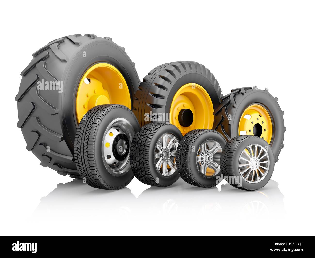 Set di pneumatici di veicoli differenti isolati su uno sfondo bianco. 3d'illustrazione. Foto Stock