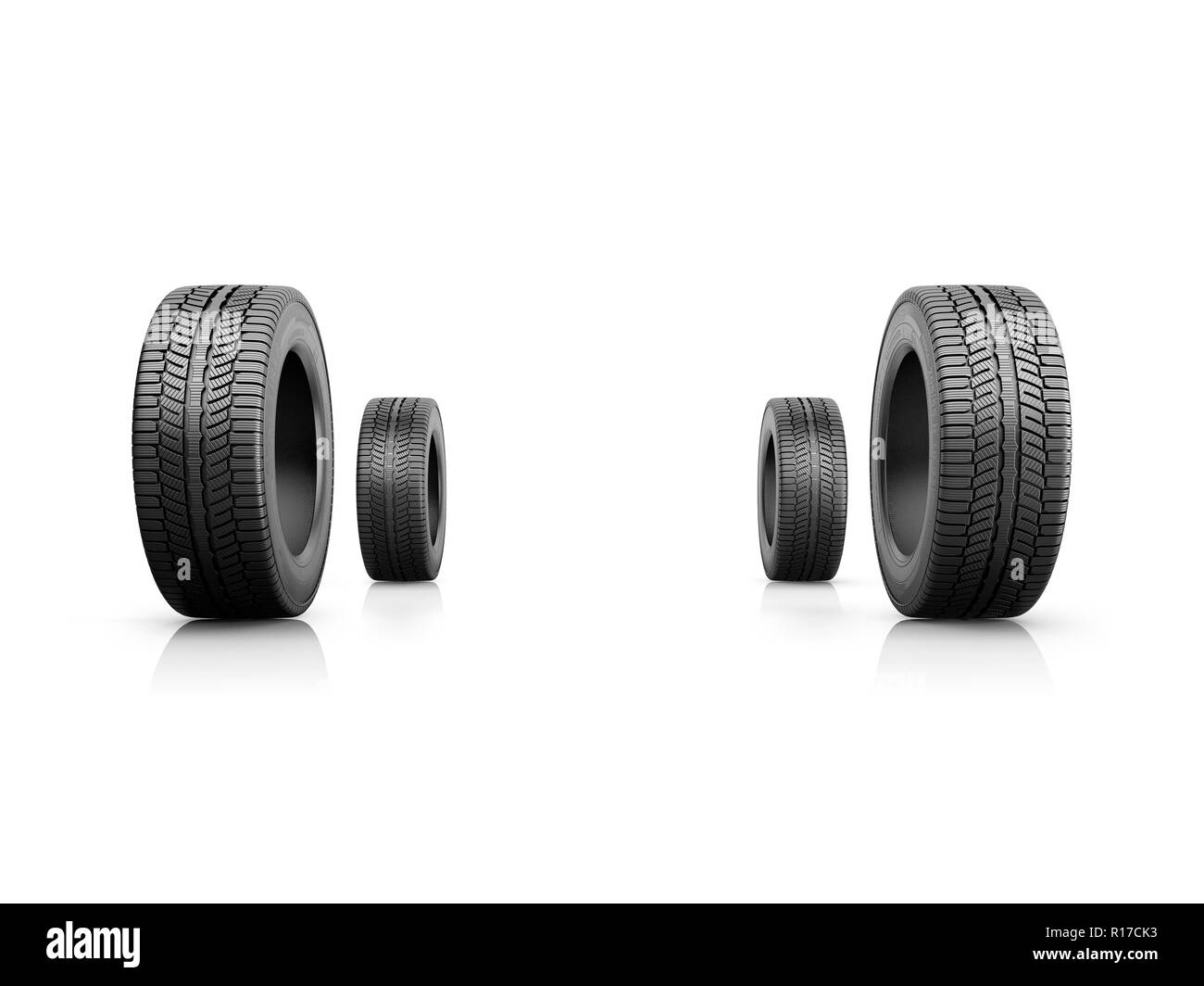 Quattro pneumatici per auto rotolamento su uno sfondo bianco. 3d'illustrazione. Foto Stock