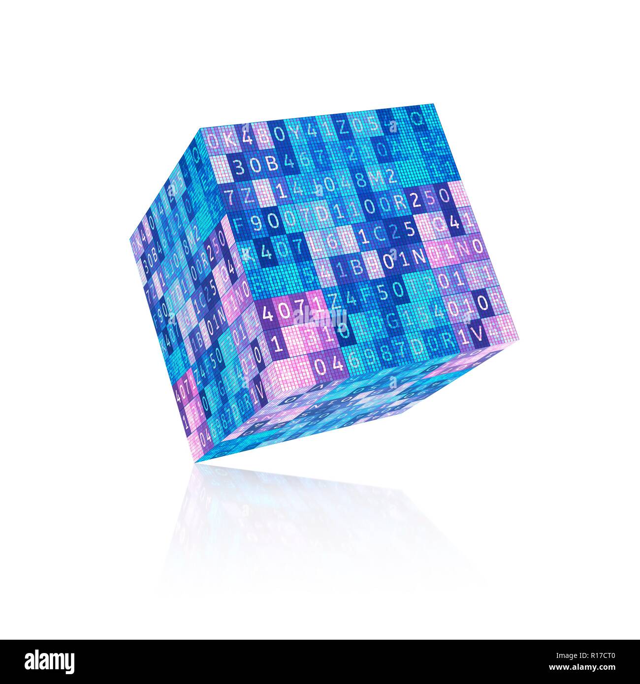 Cubo digitale con il codice del programma. Casella di astratto di dati di grandi dimensioni, 3D illustrazione isolati su sfondo bianco. Foto Stock
