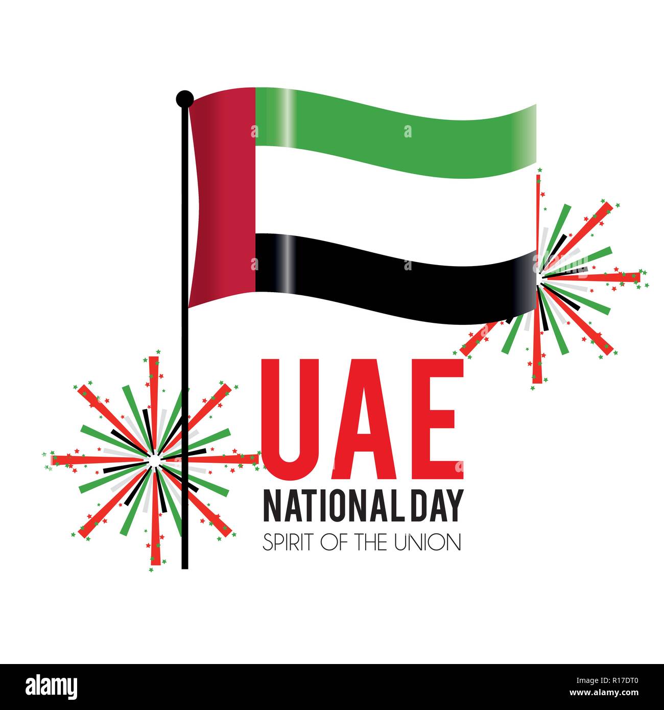 Bandiera degli Emirati arabi uniti con firewords per celebrare la giornata nazionale Illustrazione Vettoriale