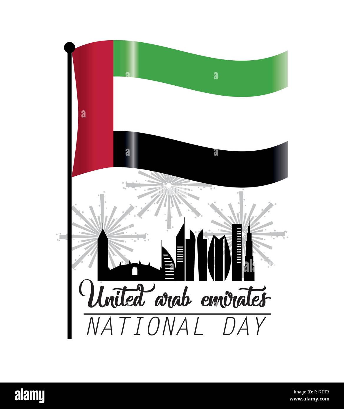 Bandiera degli Emirati arabi uniti con edificio e firewords alla giornata nazionale Illustrazione Vettoriale