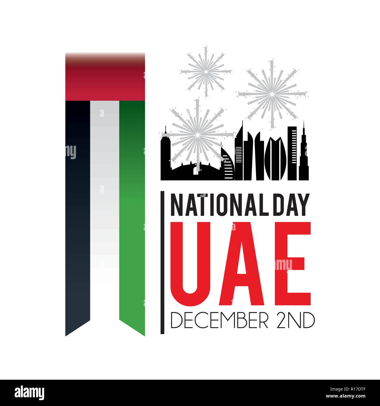 Bandiera degli Emirati arabi uniti con edificio e firewords alla celebrazione Illustrazione Vettoriale
