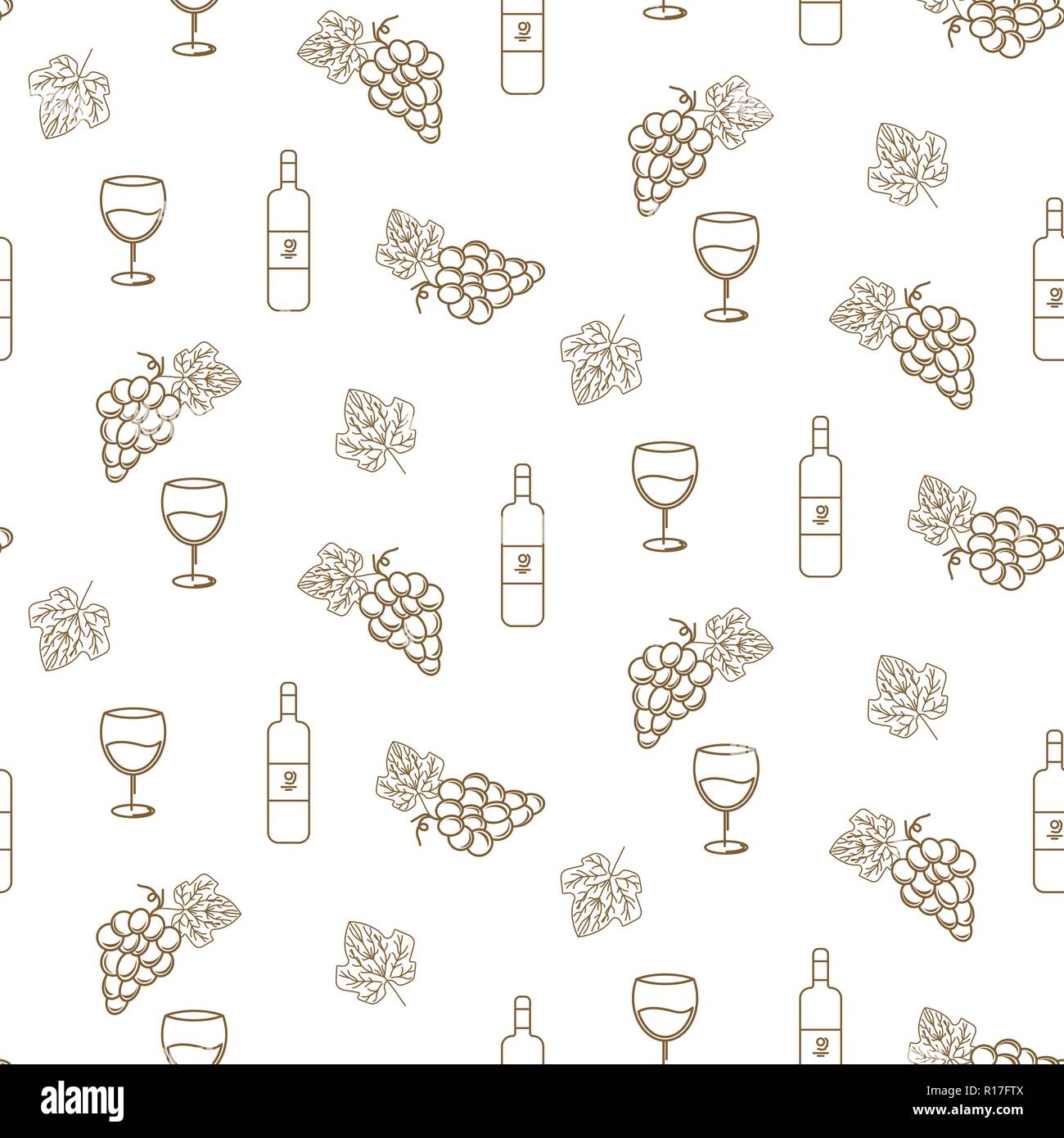Uva e vino vector seamless pattern icone in stile lineare per la cantina design etichetta. Illustrazione Vettoriale