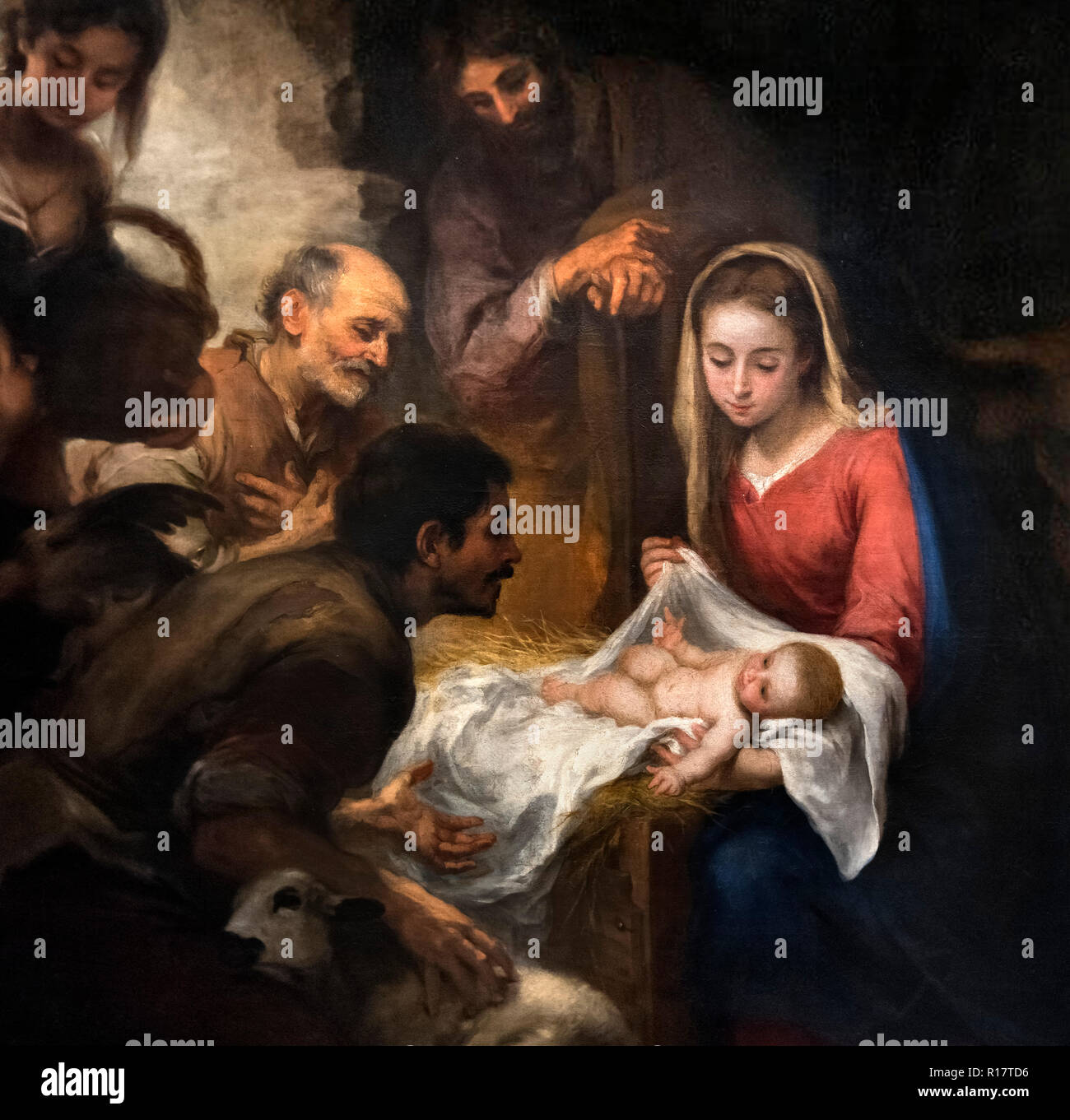 L Adorazione dei pastori (Adoracion de los Pastores) da Bartolomé-Esteban Murillo (1617-1682), olio su tela, c.1668-9. Scena della Natività. Dettaglio di un dipinto di grandi dimensioni, R17TD7. Foto Stock