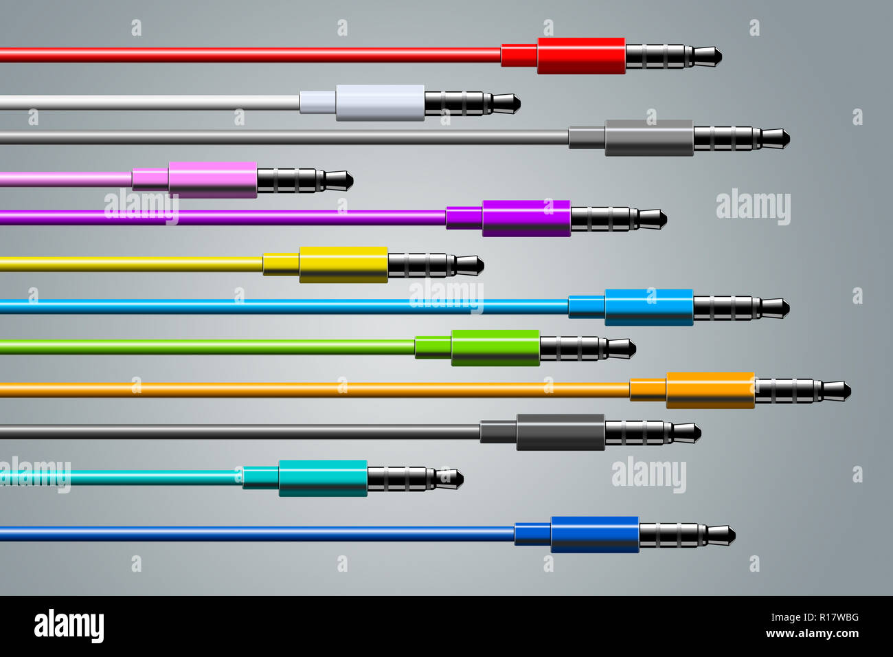 Più cavi multicolori di varie lunghezze in una fila e la parte superiore di ciascun altro e sfondo grigio Foto Stock