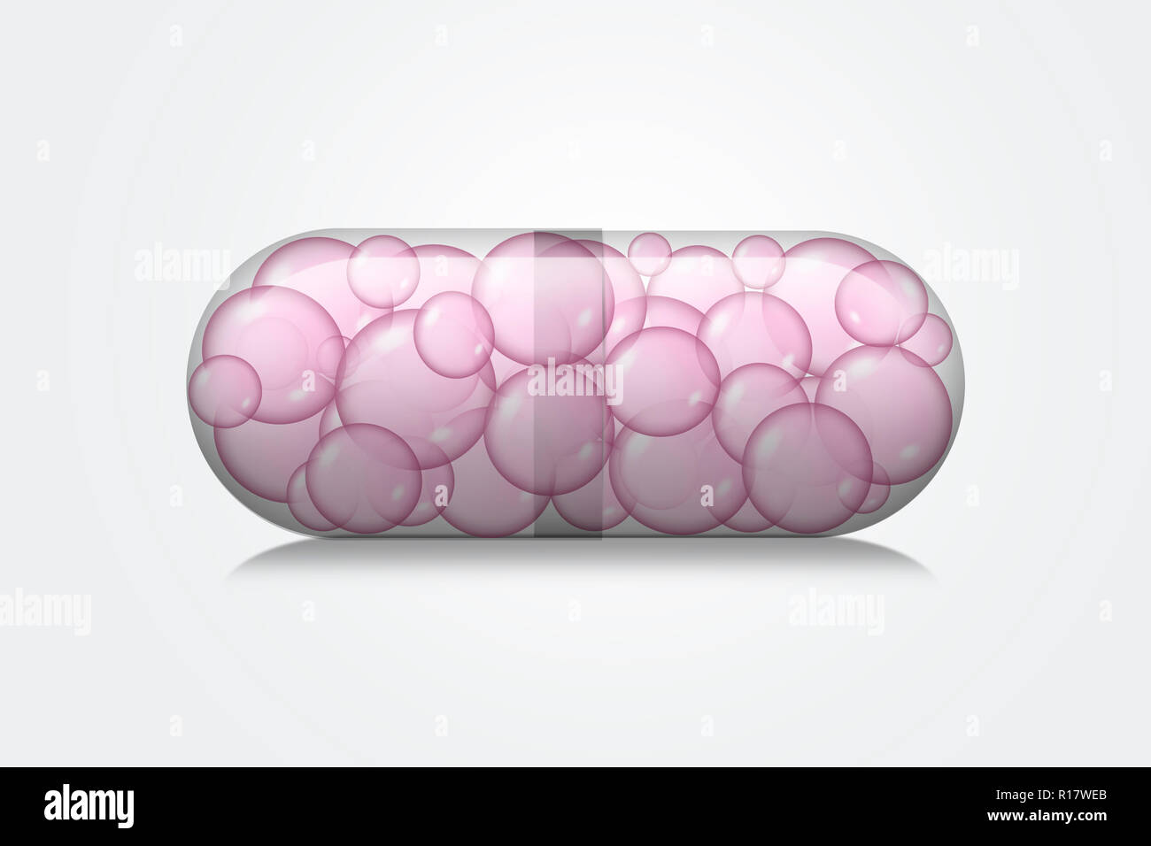 Vista ravvicinata della capsula trasparente contenente bolle rosa su sfondo bianco, immagine digitale Foto Stock