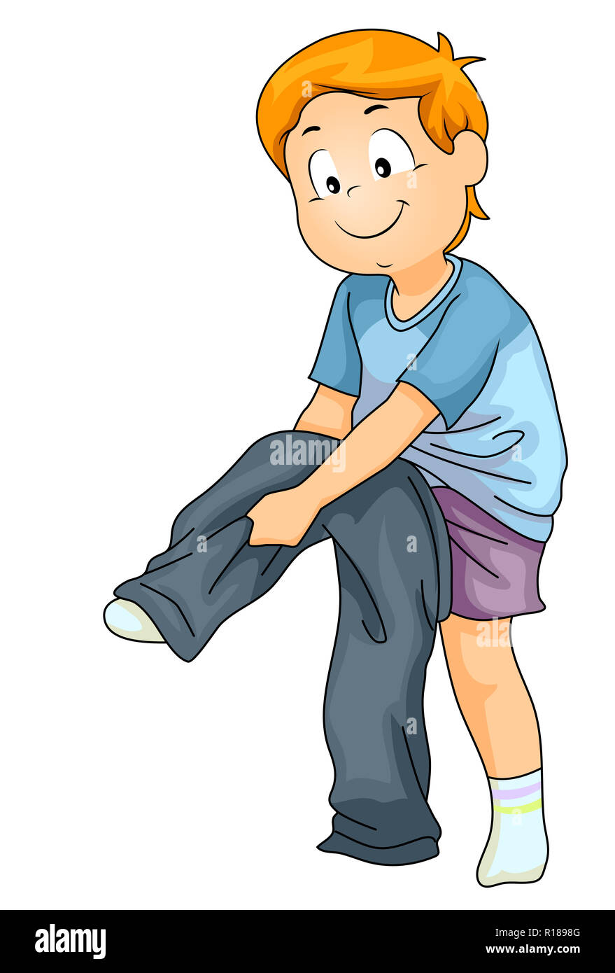 Illustrazione di un ragazzo di capretto a mettere su il suo pantaloni come parte indipendente di insegnamento Foto Stock