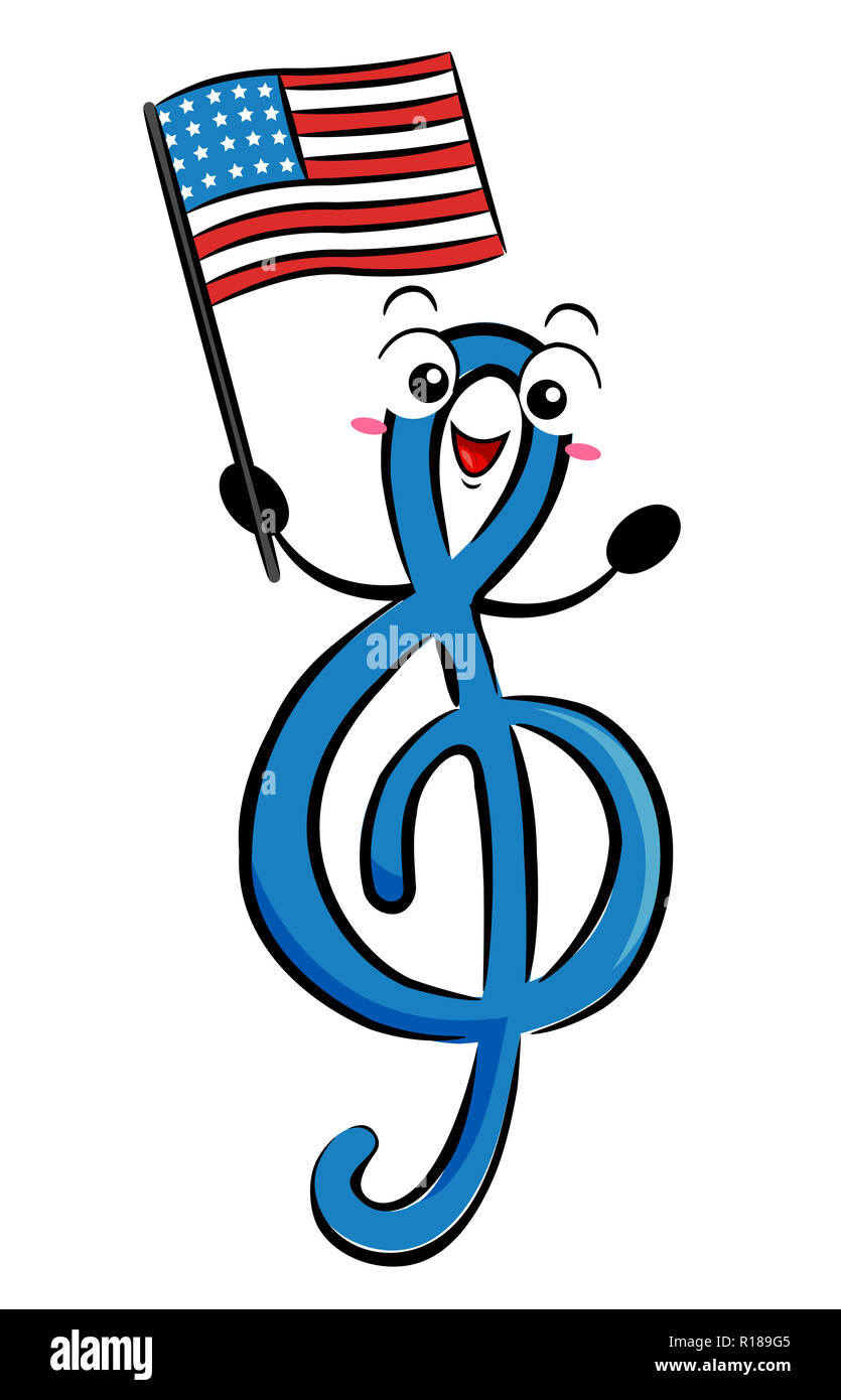 Illustrazione di una musica GClef nota azienda un flag di noi cantando canzone patriottica Foto Stock