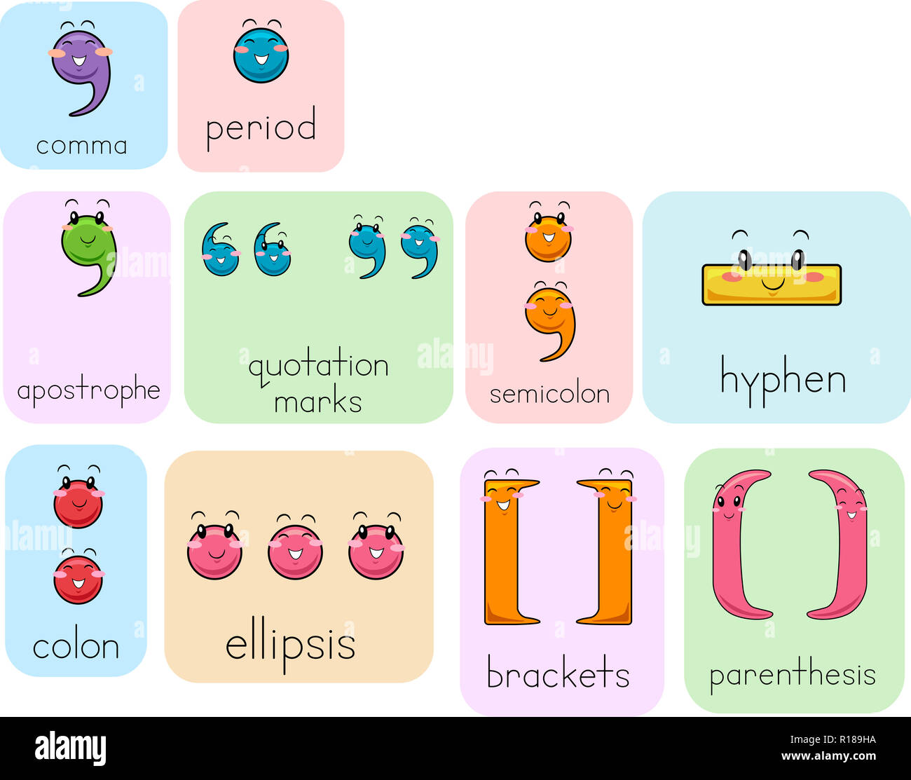 Illustrazione di un segno di punteggiatura mascotte da virgola, periodo, apostrofo, virgolette, punto e virgola, il trattino del colon, la presenza di tre puntini di sospensione, staffe e parentesi Foto Stock