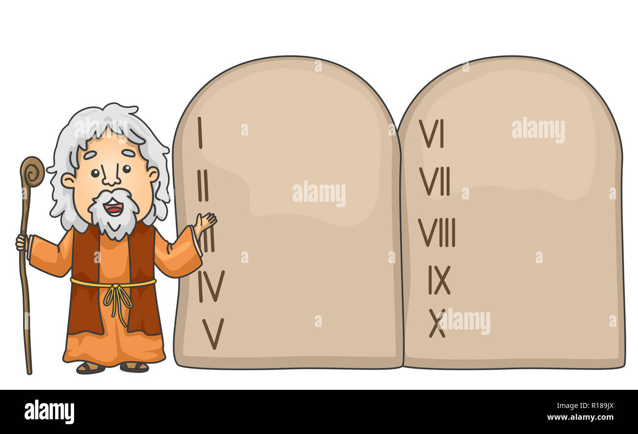 Illustrazione di un racconto biblico su Mosè rivolto ai Dieci Comandamenti Tablet Foto Stock
