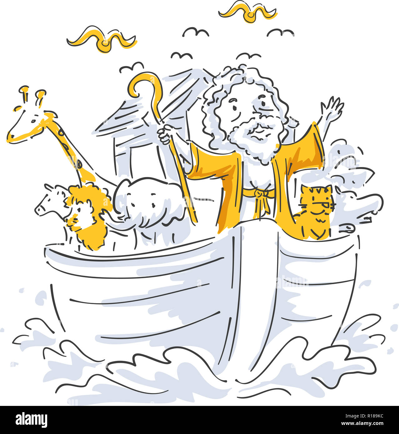 Illustrazione di una Bibbia storia di Noè e diversi animali in sella alla sua arca Foto Stock