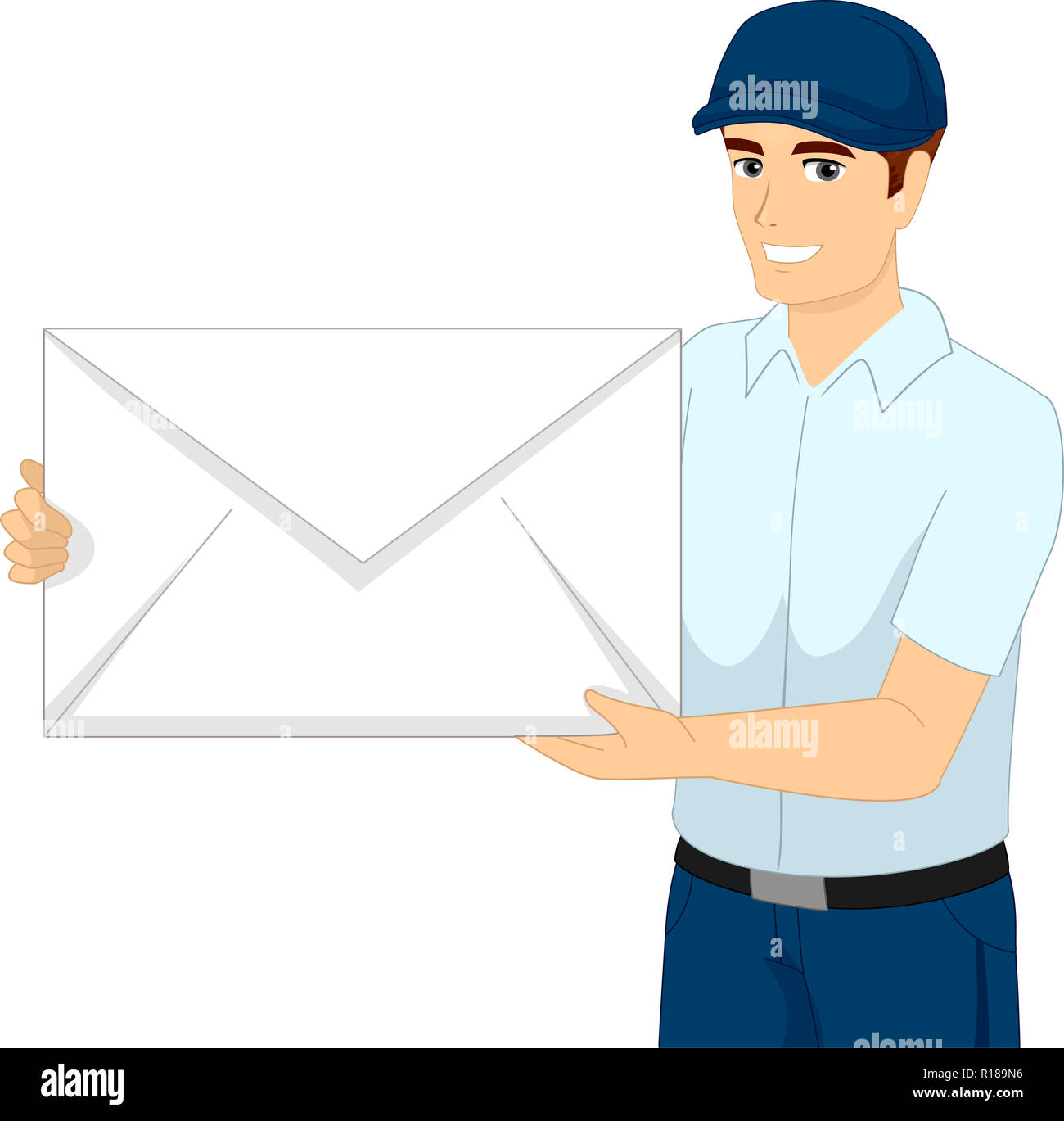 Illustrazione di un postino tiene una grande busta per mailing Foto Stock