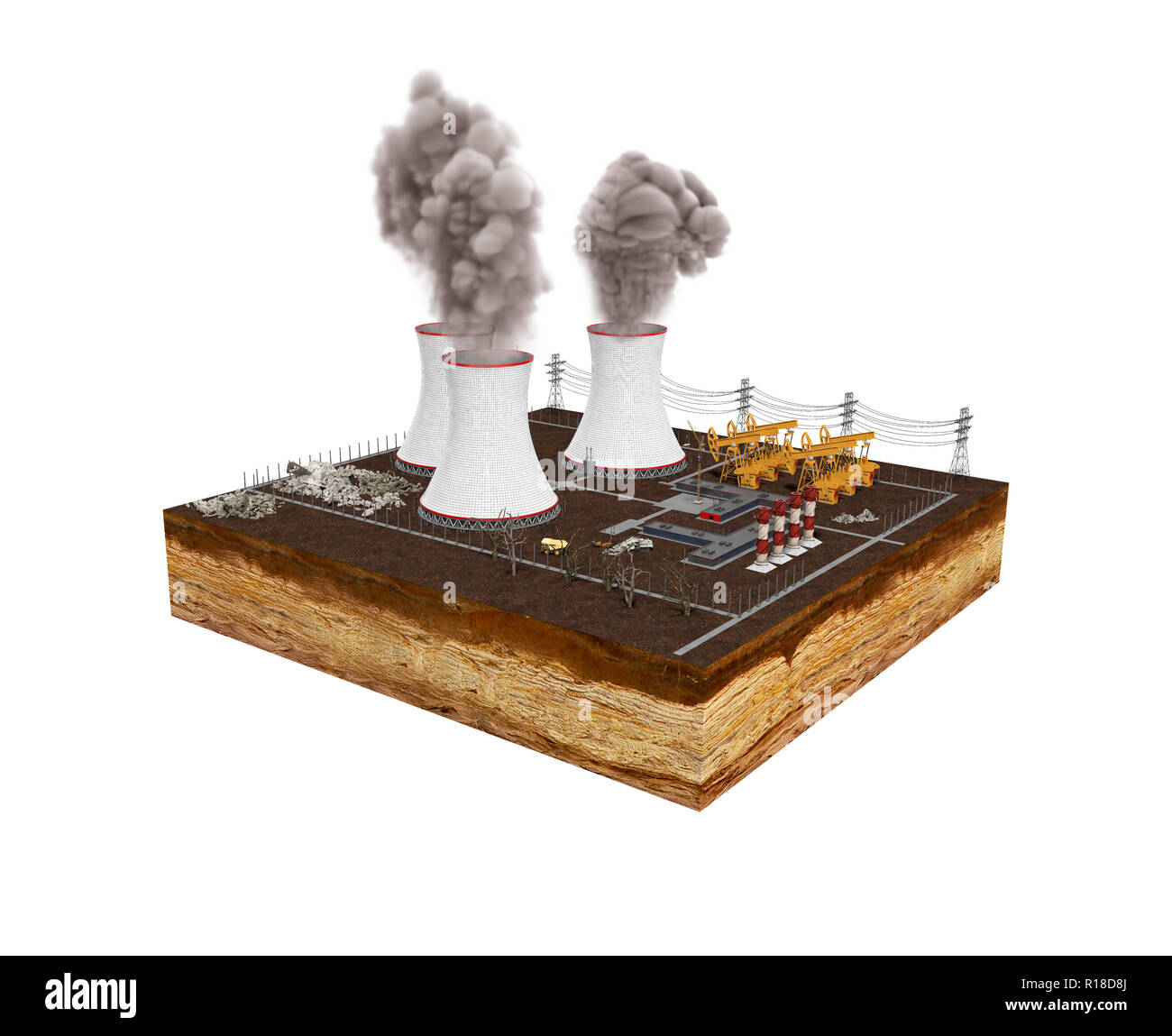 Il concetto di problemi dal punto di vista ecologico le centrali termoelettriche di potenza 3D rendering su bianco senza ombra Foto Stock