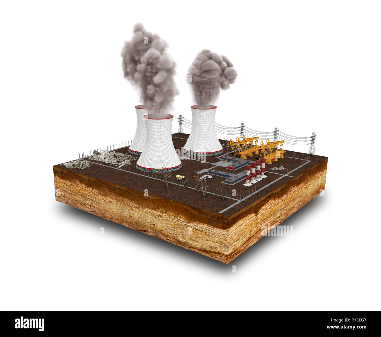 Il concetto di problemi dal punto di vista ecologico le centrali termoelettriche di potenza 3D rendering su bianco senza ombra Foto Stock