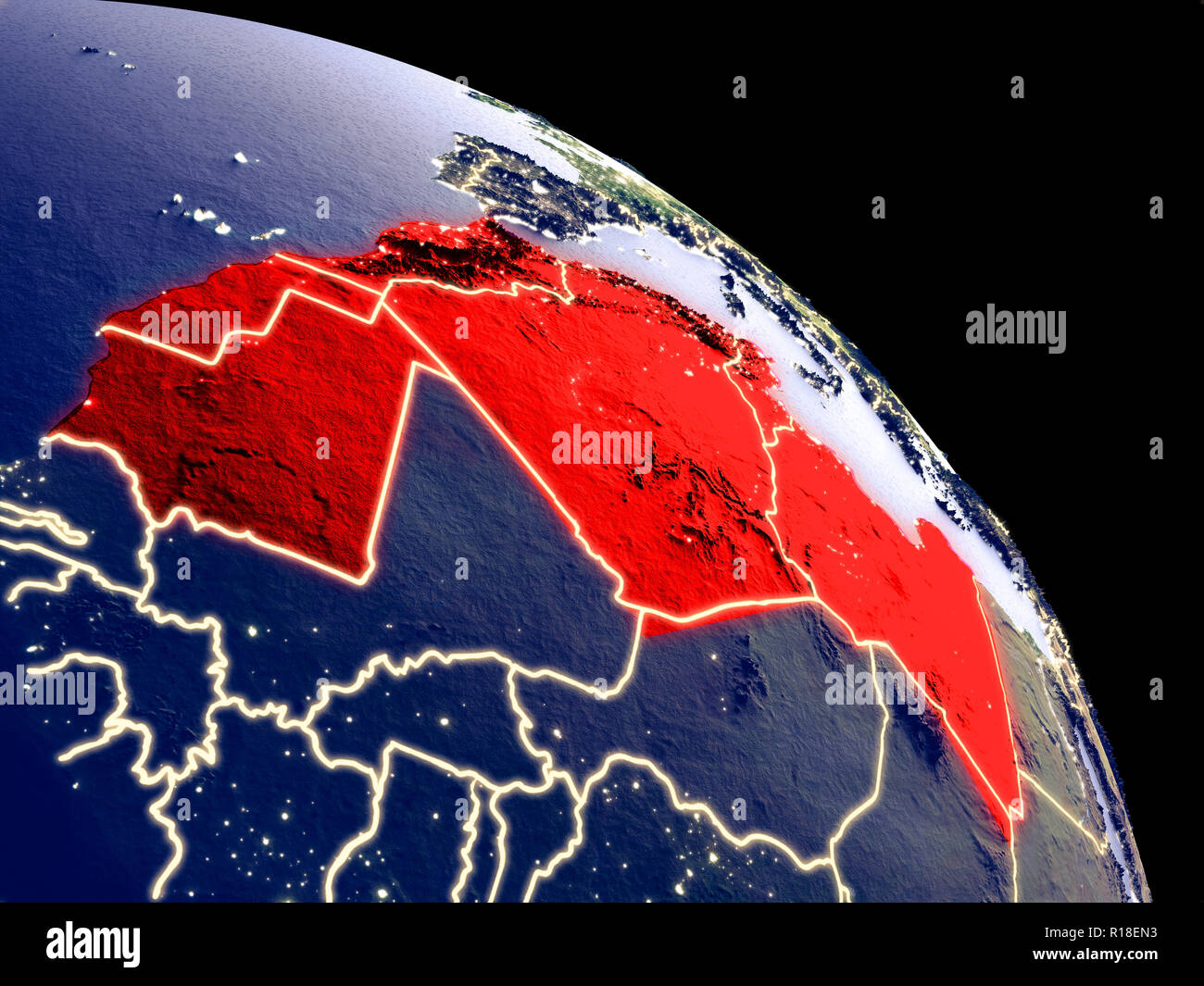 Regione del Maghreb di notte da orbita. Pianeta in plastica con superficie visibile luci della citta'. 3D'illustrazione. Gli elementi di questa immagine fornita dalla NASA. Foto Stock