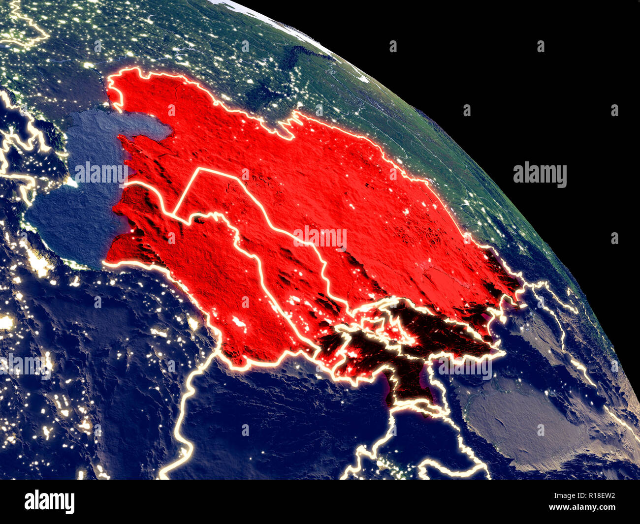 Asia centrale di notte da orbita. Pianeta in plastica con superficie visibile luci della citta'. 3D'illustrazione. Gli elementi di questa immagine fornita dalla NASA. Foto Stock