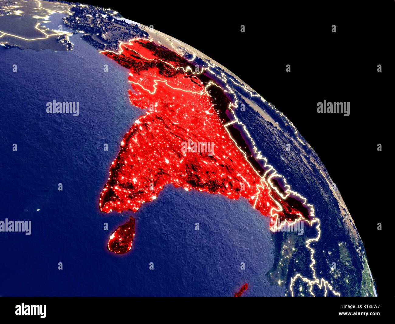 Il Sud Asia di notte da orbita. Pianeta in plastica con superficie visibile luci della citta'. 3D'illustrazione. Gli elementi di questa immagine fornita dalla NASA. Foto Stock