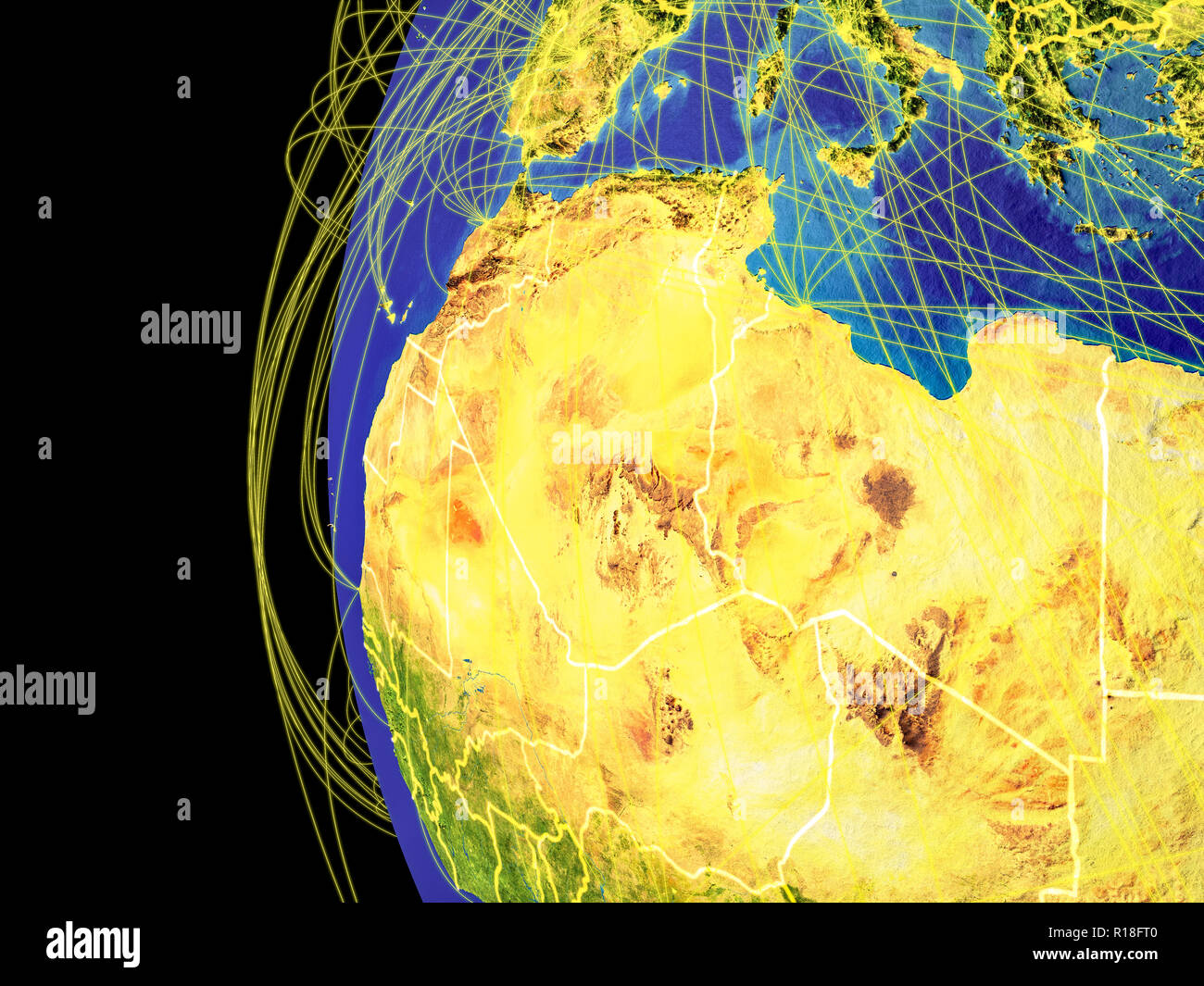 Regione del Maghreb dallo spazio sul pianeta Terra con linee che rappresentano la comunicazione globale, viaggi, collegamenti. 3D'illustrazione. Gli elementi di questa immagine f Foto Stock