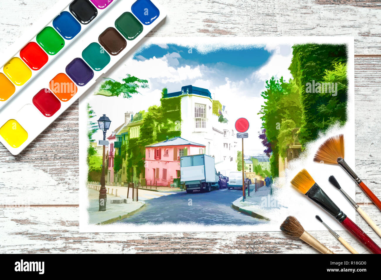 Vernici Colorate Con Spazzole E Una Con Un Incompiuto Disegno Colorato Di Un Paesaggio Su Un Pezzo Di Carta Bianca Tempera Acquerello Su Un Vecchio Vintage Foto Stock Alamy