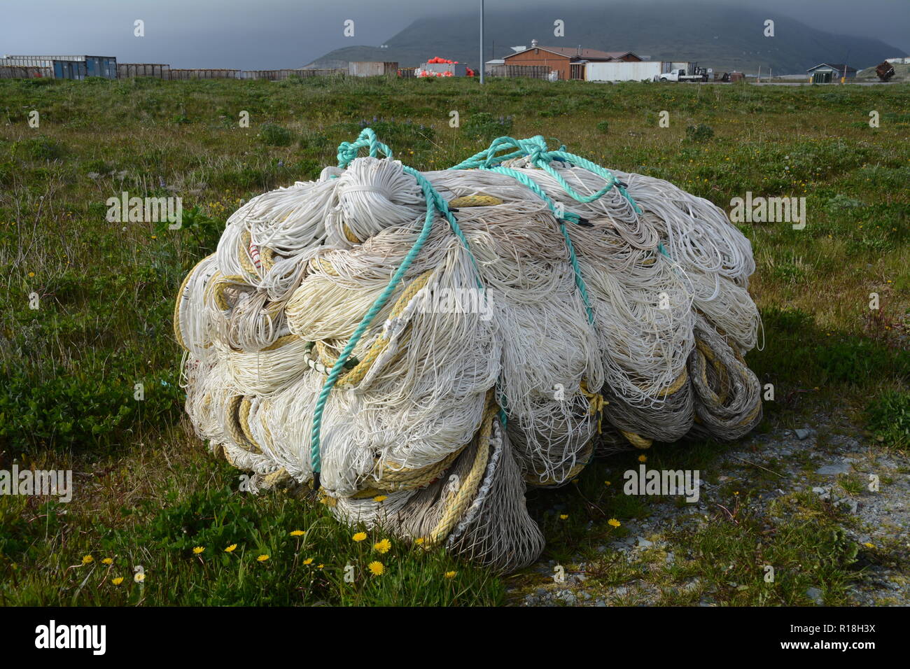 Un nuovo commerciale di pesca reti da traino raggruppati e legati fino a fianco sulla riva del mare di Bering nel porto olandese, Unalaska, Alaska, Stati Uniti. Foto Stock