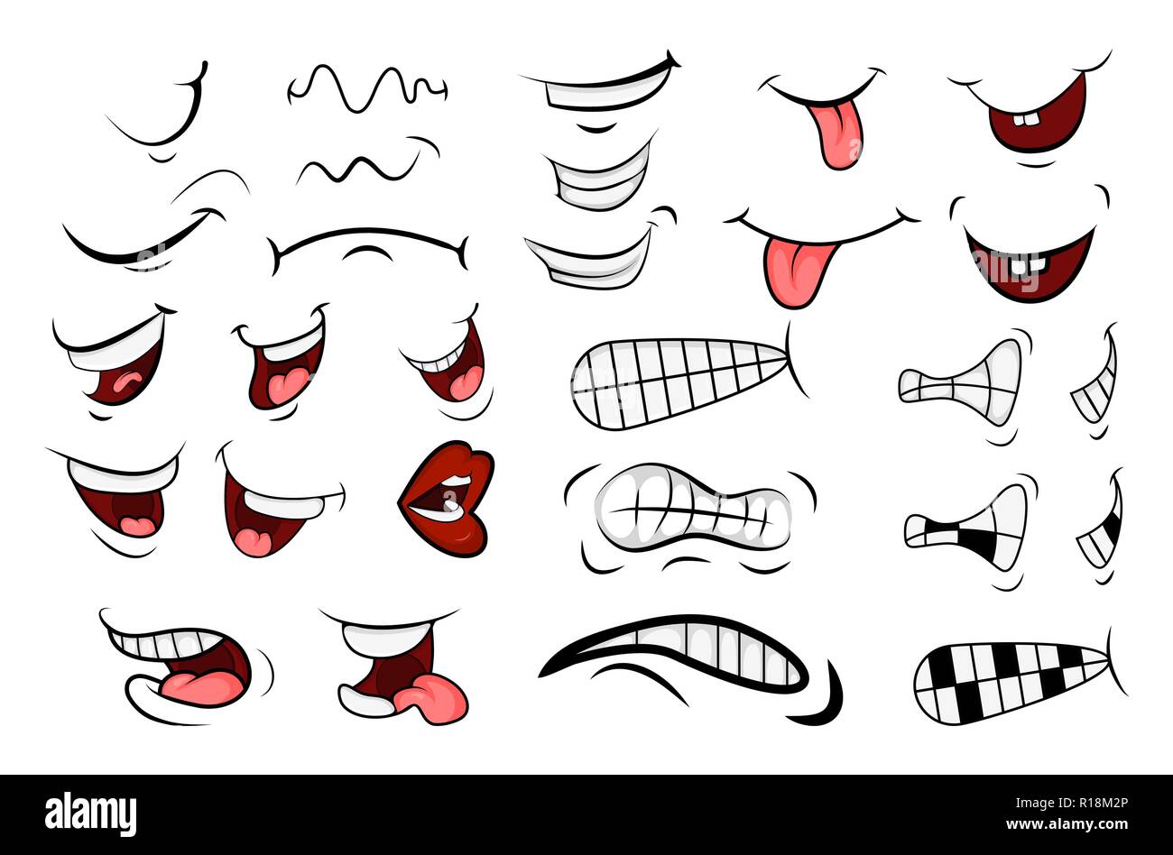 Cartoon bocca Set. Linguetta, sorridere i denti. Emozioni espressiva. Semplice design piatto isolato su sfondo bianco Illustrazione Vettoriale