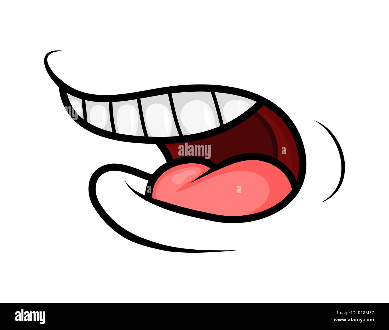 Cartoon bocca sorriso. Lingua, denti. Emozioni espressiva. Semplice design piatto isolato su sfondo bianco Illustrazione Vettoriale