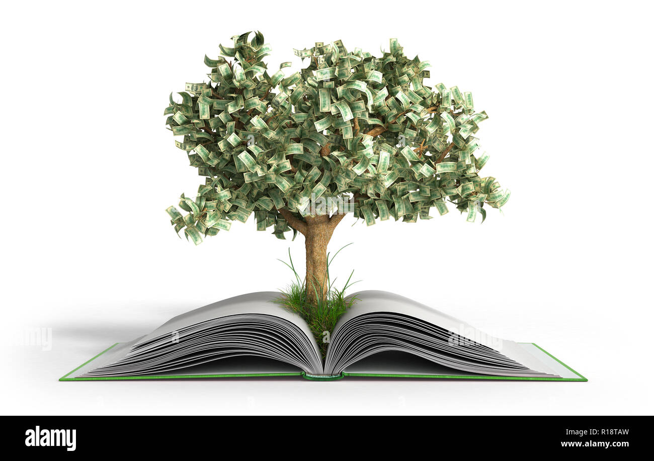 Albero che cresce dal libro un grande libro aperto con le monete e la lettura dell'albero vi rende più ricco di concetto 3D render Foto Stock