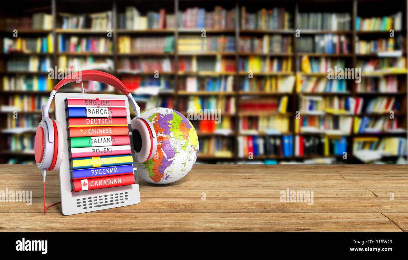 E-book con globo audio lingue di apprendimento sullo sfondo della libreria  3D render il successo del concetto di conoscenza Foto stock - Alamy