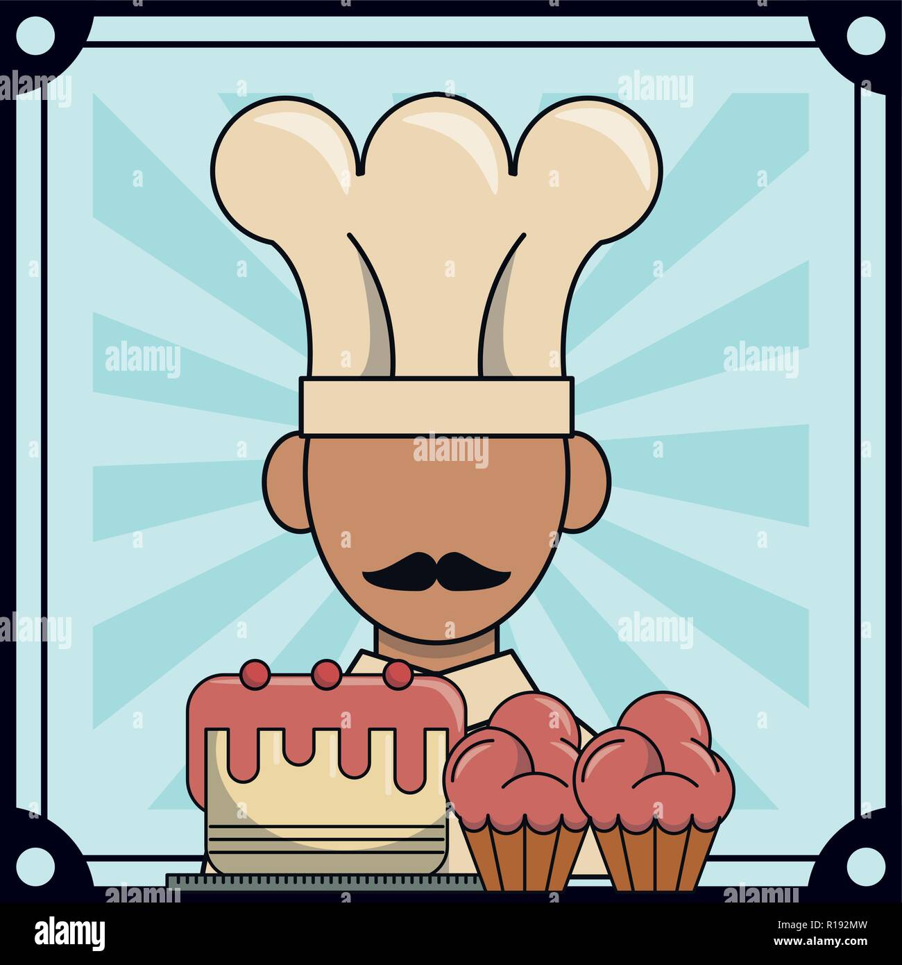 Chef con tortine e torta cartoon illustrazione vettoriale graphic design Illustrazione Vettoriale