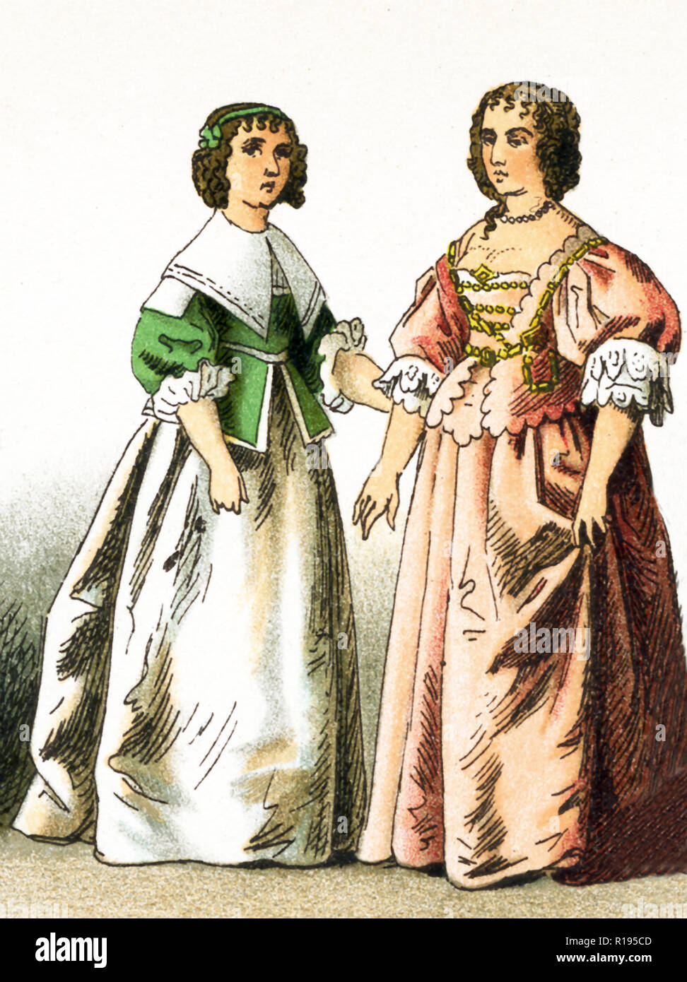 Le figure rappresentate qui sono tutte persone inglesi dal 1600s. Essi sono, da sinistra a destra: una donna di rango e Henrietta Maria, Consorte del Sig. Charles I. Charles ero re d'Inghilterra, in Scozia e in Irlanda dal 1625 fino alla sua esecuzione in 1649. Egli era un Stuart e il secondo figlio di Giacomo VI di Scozia. L'illustrazione risale al 1882. Foto Stock