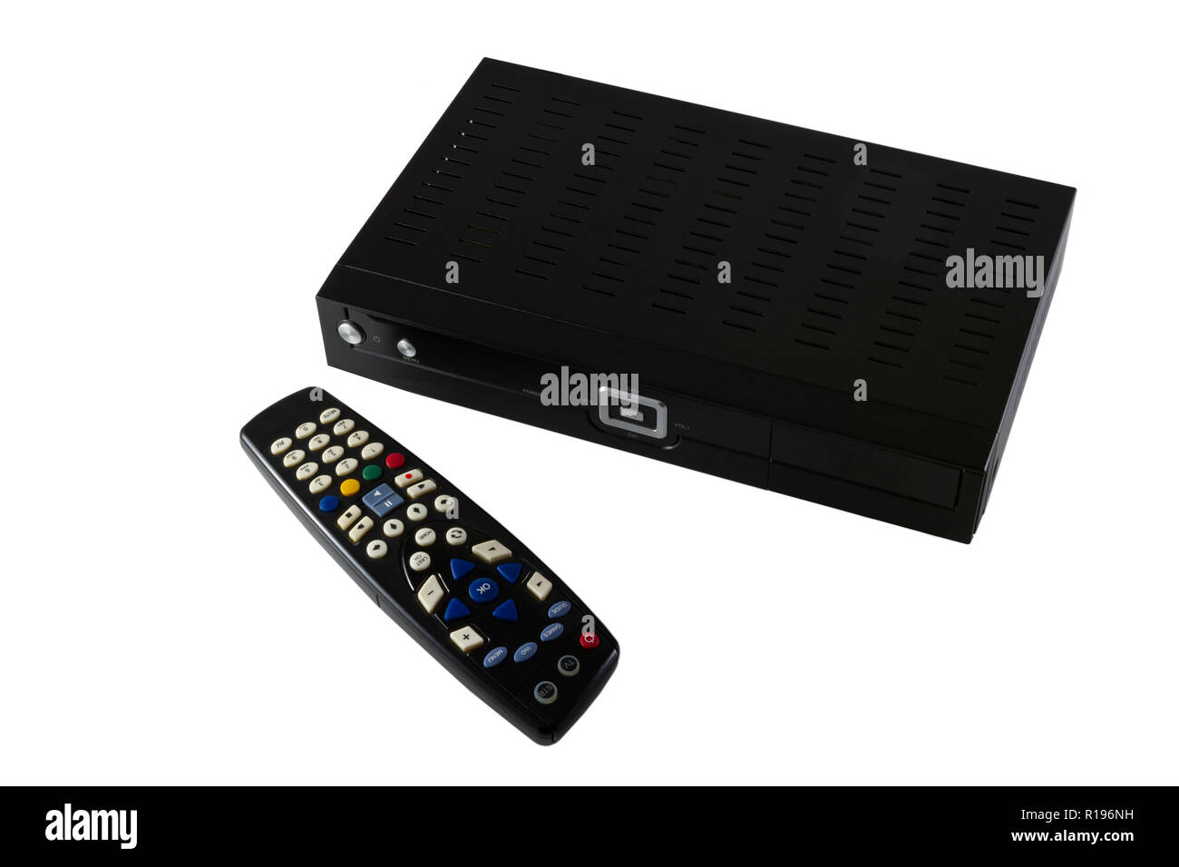 Il dispositivo di controllo remoto e ricevitore per tv e IP TV (STB) isolato su sfondo bianco - vista superiore Foto Stock