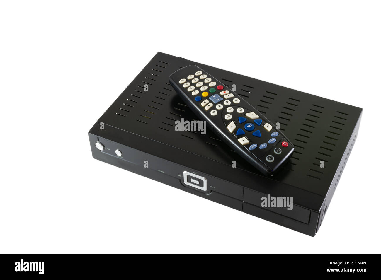 Il dispositivo di controllo remoto e ricevitore per tv e IP TV (STB) isolato su sfondo bianco - vista superiore Foto Stock