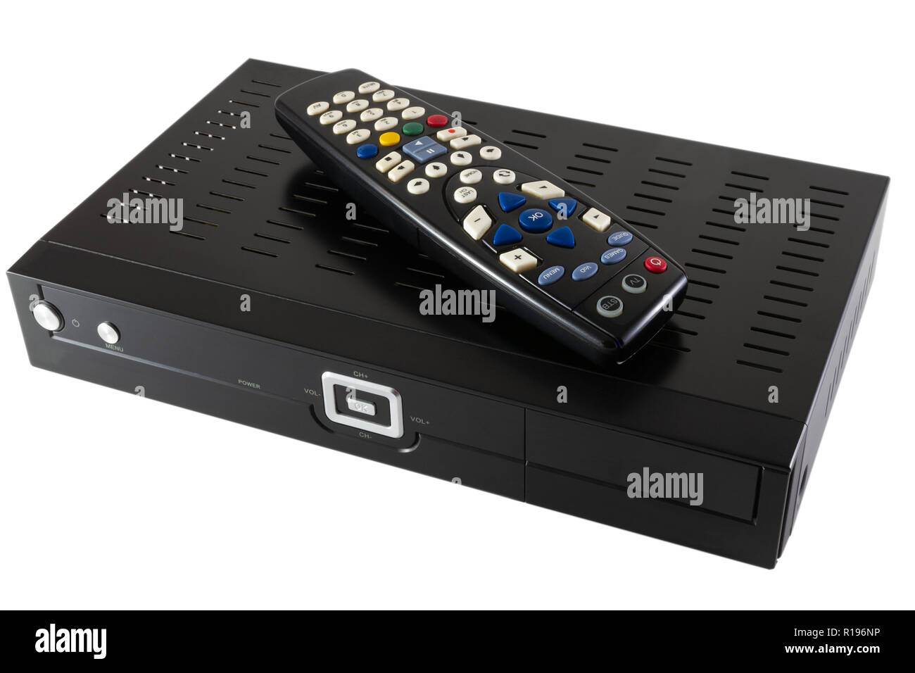 Il dispositivo di controllo remoto e ricevitore per tv e IP TV (STB) isolato su sfondo bianco - vista superiore Foto Stock