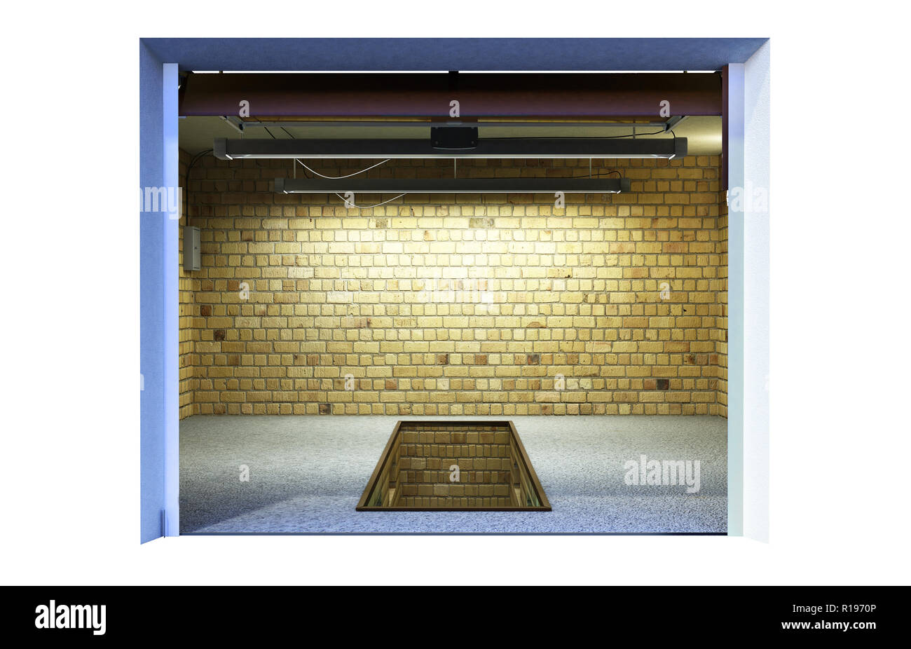 Vista frontale di un Garage ampty 3D Interni con apertura porta rullo 3D Rendering Foto Stock