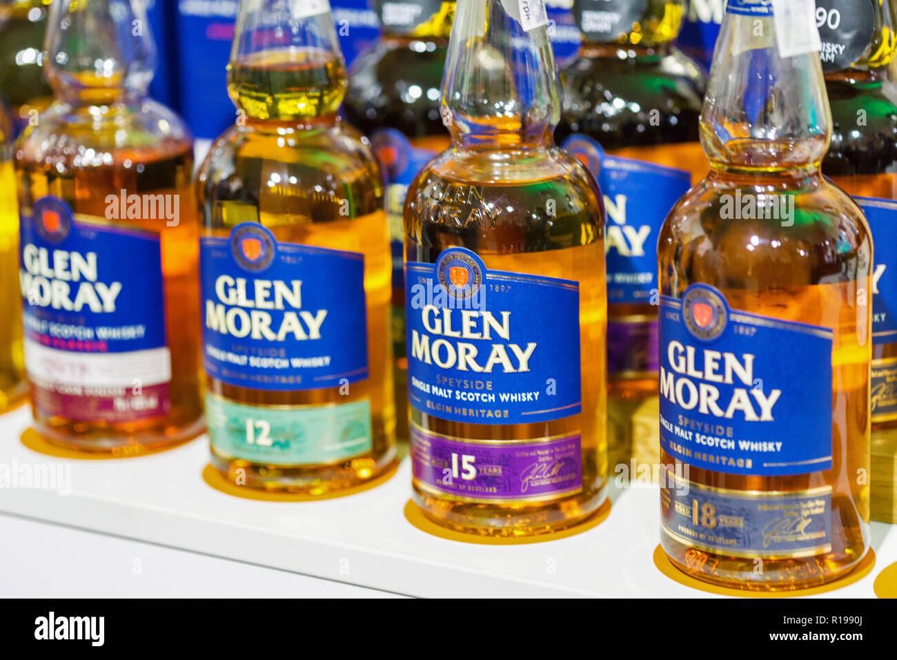 KIEV, UCRAINA - 20 ottobre 2018: Glen Moray Scottish speyside single malt whisky stand al 4° ucraino Dram Whisky Festival organizzato da un buon vino c Foto Stock