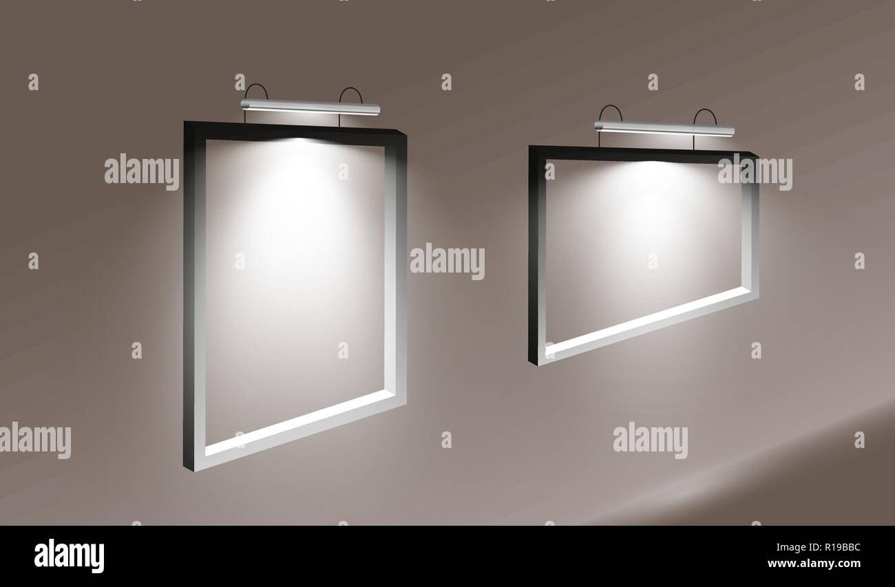 Un set di frame di peso sulla parete. Telaio per l'immagine, rettangolare, telaio rettangolare e la lampada sul muro, illustrazione vettoriale Illustrazione Vettoriale