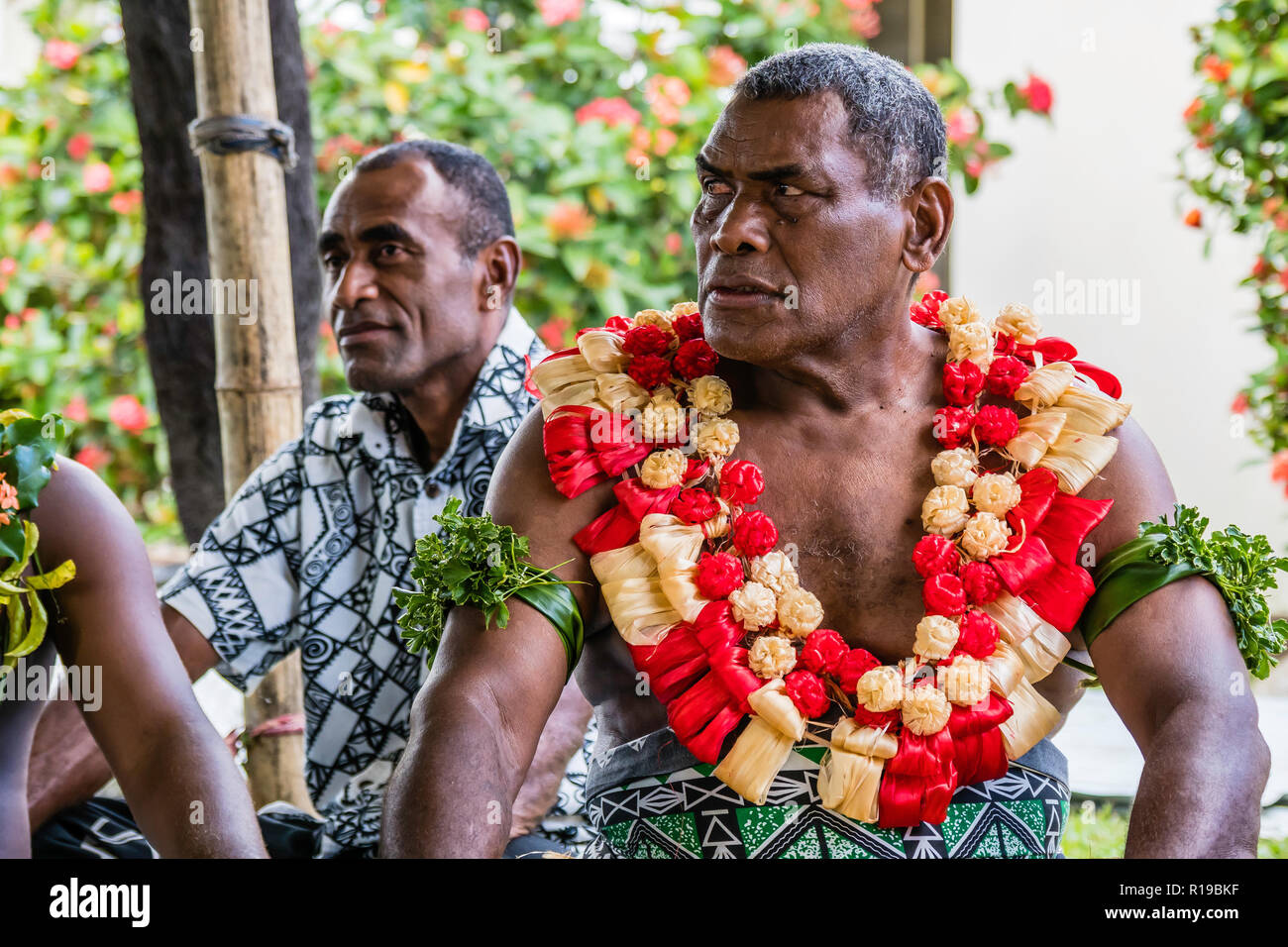 Una cerimonia Kava dalle persone del villaggio di Sabeto, Viti Levu, Repubblica delle Isole Figi. Foto Stock