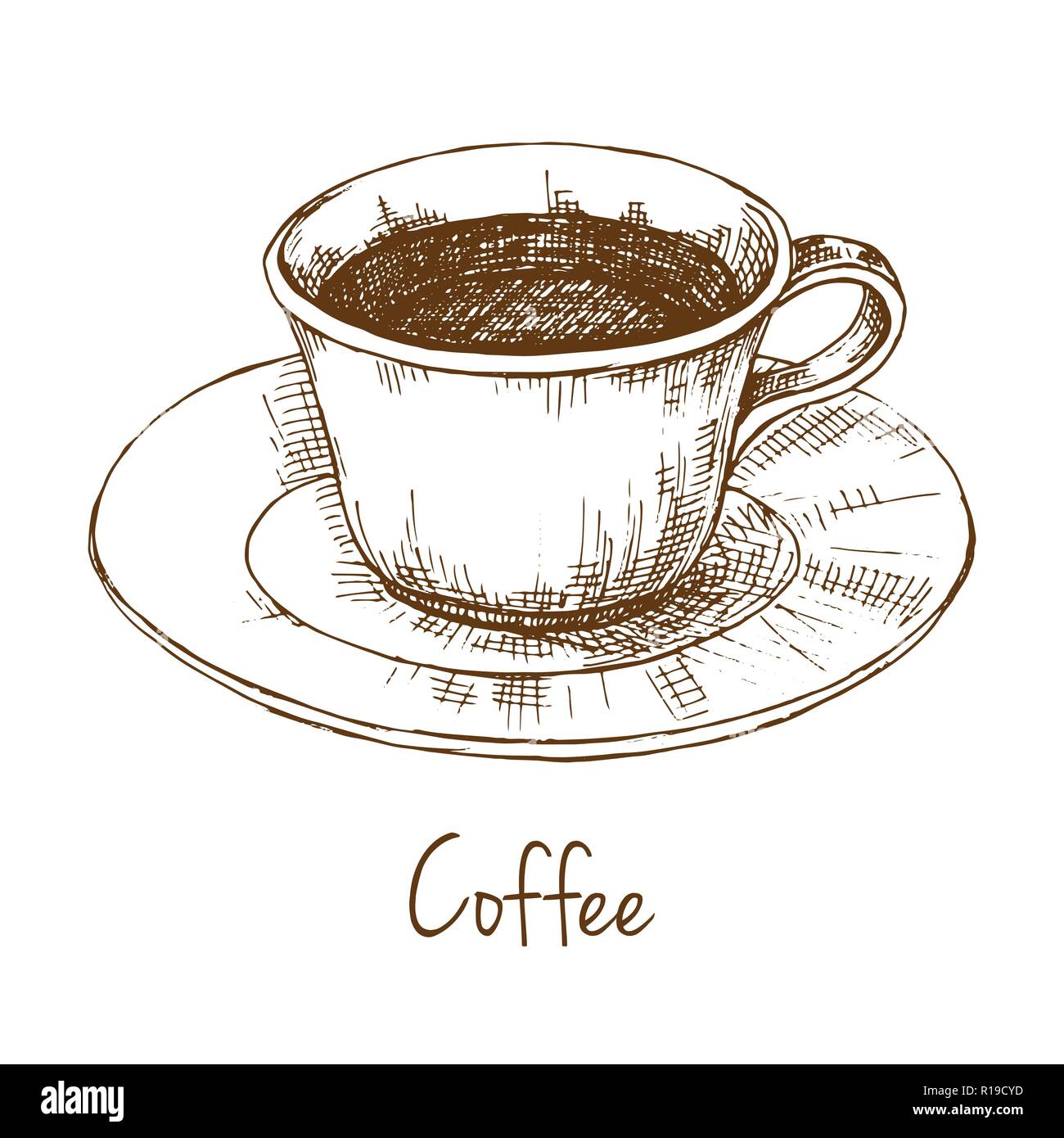 Disegna la tazza di caffè su un piattino. L'iscrizione è il caffè.  Illustrazione vettoriale di un disegno stile Immagine e Vettoriale - Alamy
