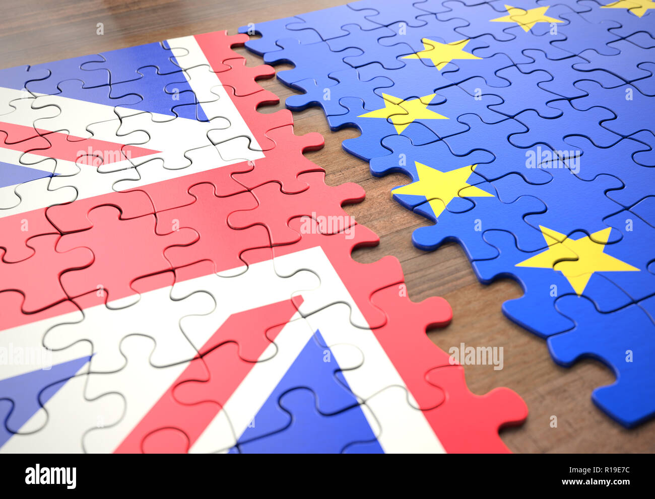 Regno Unito lasciando l'Unione Europea rappresentata in pezzi di un puzzle. Foto Stock