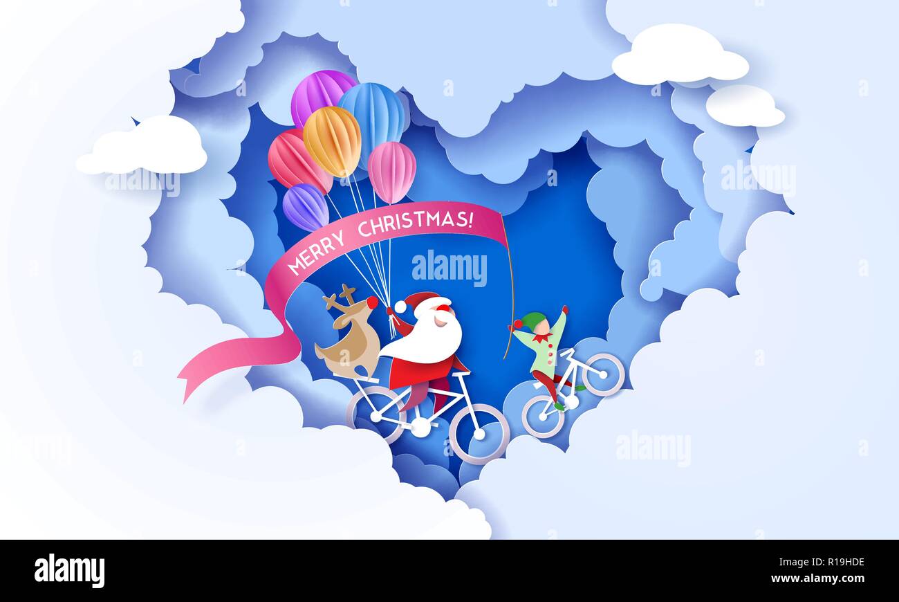 Babbo Natale Blu.Auguri Di Buon Natale Design Card Con Babbo Natale E Elf E Cervi Su Biciclette Sul
