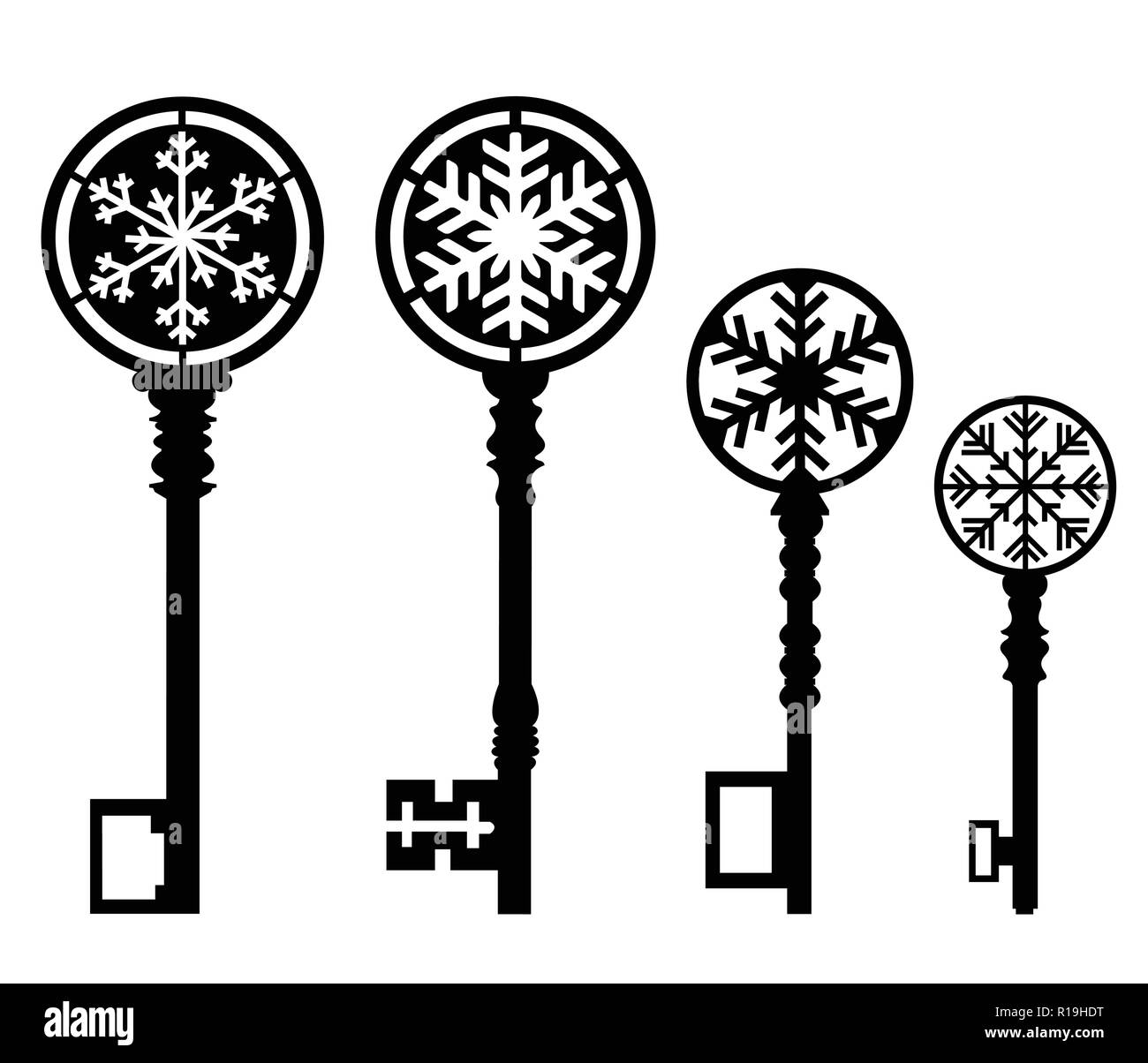 Set di vettore decorativo di silhouette della chiave con i fiocchi di neve Illustrazione Vettoriale