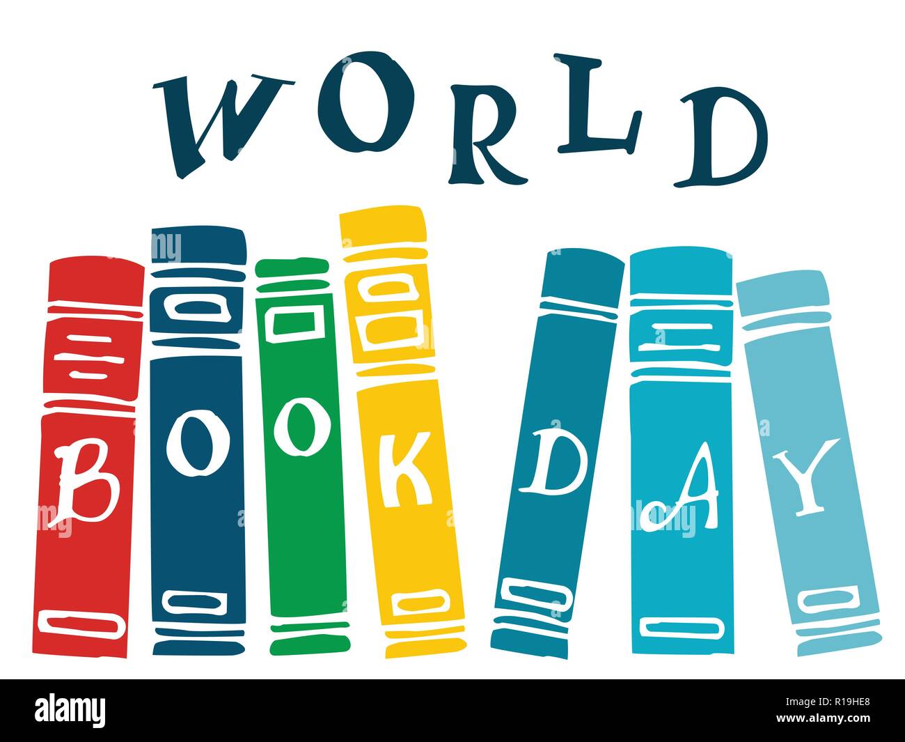 Giornata mondiale del libro illustrazione vettoriale con colorati libri su uno scaffale Illustrazione Vettoriale